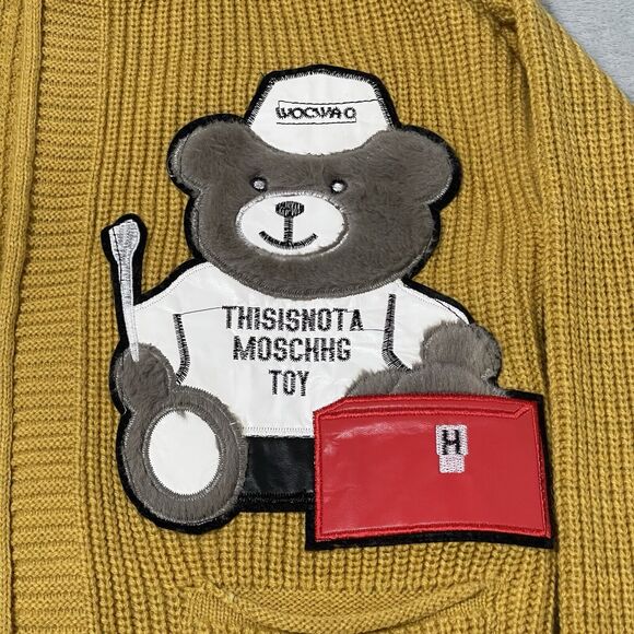 Cardigan Sweater Women Small Mustard Yellow Distressed Wool Bear This Is Not Toy - Picture 2 of 9